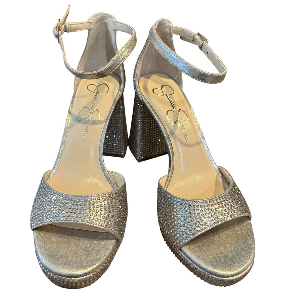 Jessica Simpson Kaliah Champagne Rhinestone Platform Block Heel Sandal 9.5 NWOB - Picture 2 of 9